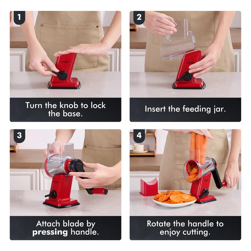 Geedel Rotary Cheese Grater 4-In-1 Shredder with Handle Durable Kitchen Tool Red Color Utensils for Effortless Cheese Preparation Vegetable Slicer Detachable Stainless Steel Blades Rack