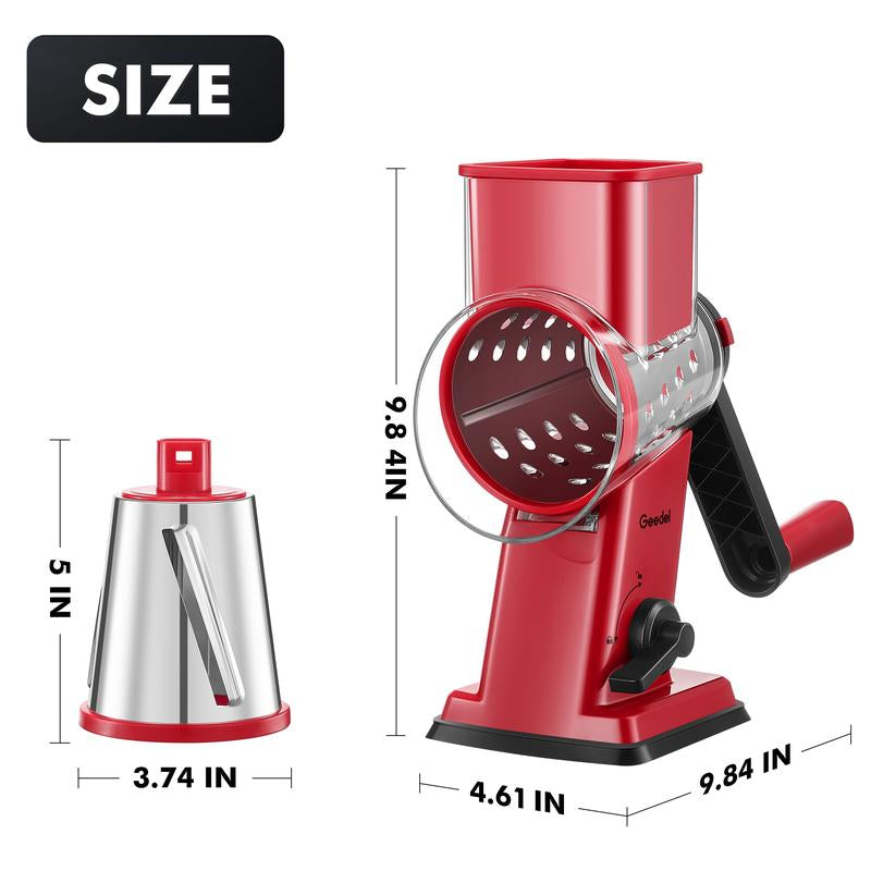 Geedel Rotary Cheese Grater 4-In-1 Shredder with Handle Durable Kitchen Tool Red Color Utensils for Effortless Cheese Preparation Vegetable Slicer Detachable Stainless Steel Blades Rack