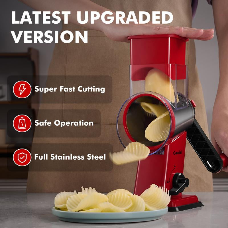 Geedel Rotary Cheese Grater 4-In-1 Shredder with Handle Durable Kitchen Tool Red Color Utensils for Effortless Cheese Preparation Vegetable Slicer Detachable Stainless Steel Blades Rack