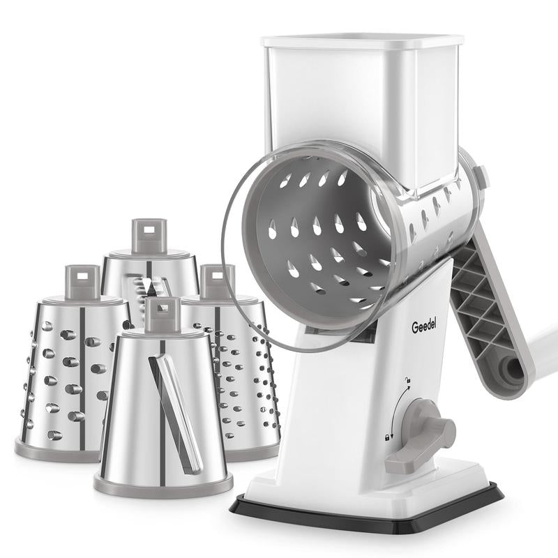Geedel Rotary Cheese Grater 4-In-1 Shredder with Handle Durable Kitchen Tool Red Color Utensils for Effortless Cheese Preparation Vegetable Slicer Detachable Stainless Steel Blades Rack
