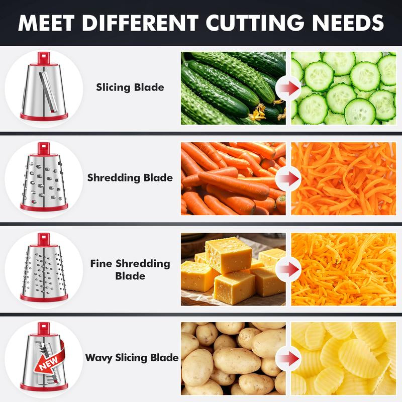 Geedel Rotary Cheese Grater 4-In-1 Shredder with Handle Durable Kitchen Tool Red Color Utensils for Effortless Cheese Preparation Vegetable Slicer Detachable Stainless Steel Blades Rack