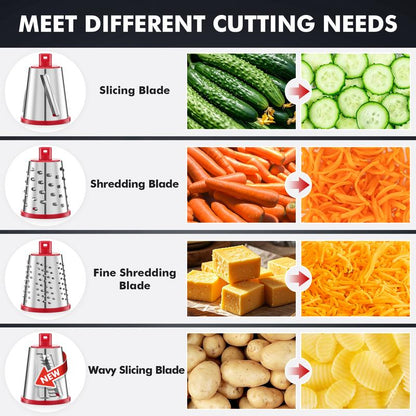 Geedel Rotary Cheese Grater 4-In-1 Shredder with Handle Durable Kitchen Tool Red Color Utensils for Effortless Cheese Preparation Vegetable Slicer Detachable Stainless Steel Blades Rack