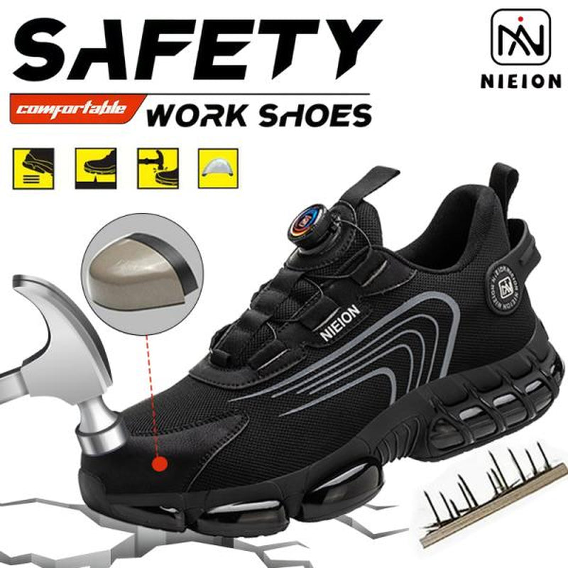 NIEION Steel Toe Work Shoes for Men Women Wide Lightweight Safety Sneakers Comfortable Anti-Shock Industrial Footwear Black Closed Toe Non Slip Work Shoes Steel Toe Shoes Boot Anti-Smash Stab-Resistant Safety Shoe Healthcare Worker