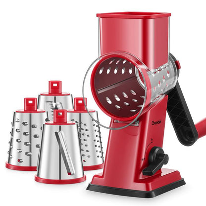 Geedel Rotary Cheese Grater 4-In-1 Shredder with Handle Durable Kitchen Tool Red Color Utensils for Effortless Cheese Preparation Vegetable Slicer Detachable Stainless Steel Blades Rack