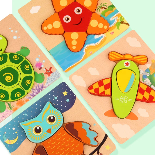 High-Quality 3D Wooden Cartoon Puzzle – Early Learning Animal & Traffic Jigsaw Toy for Toddlers