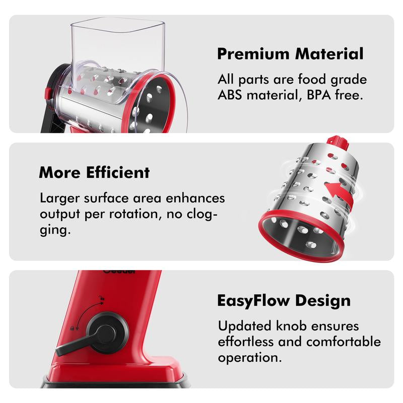 Geedel Rotary Cheese Grater 4-In-1 Shredder with Handle Durable Kitchen Tool Red Color Utensils for Effortless Cheese Preparation Vegetable Slicer Detachable Stainless Steel Blades Rack