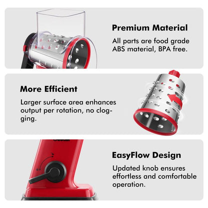 Geedel Rotary Cheese Grater 4-In-1 Shredder with Handle Durable Kitchen Tool Red Color Utensils for Effortless Cheese Preparation Vegetable Slicer Detachable Stainless Steel Blades Rack