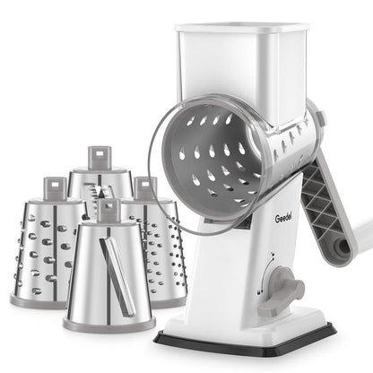 Geedel Rotary Cheese Grater 4-In-1 Shredder with Handle Durable Kitchen Tool Red Color Utensils for Effortless Cheese Preparation Vegetable Slicer Detachable Stainless Steel Blades Rack